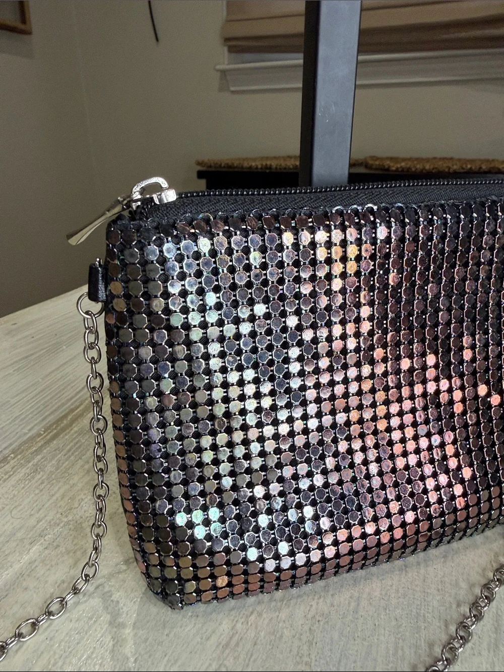 Sequin Wristlet Clutch with Silver Chain - Black & Pink